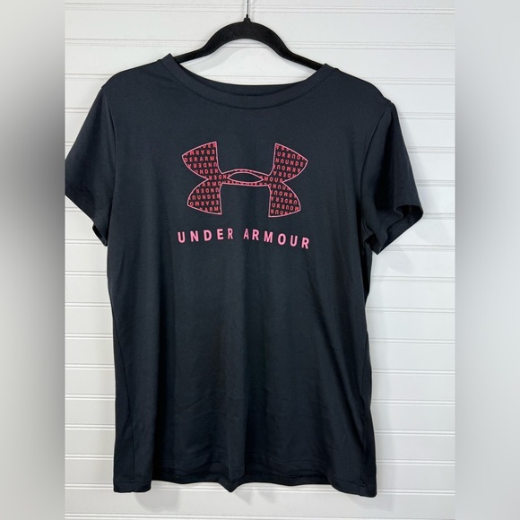 Under Armour women’s black & pink loose fit heat gear athletic top. Size L - Picture 1 of 3